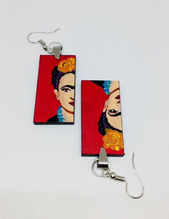Frida Kahlo earrings hand painted red passion acrylic paint on wood rectangles. Mexican jewelry. Mexico folk art to wear. 