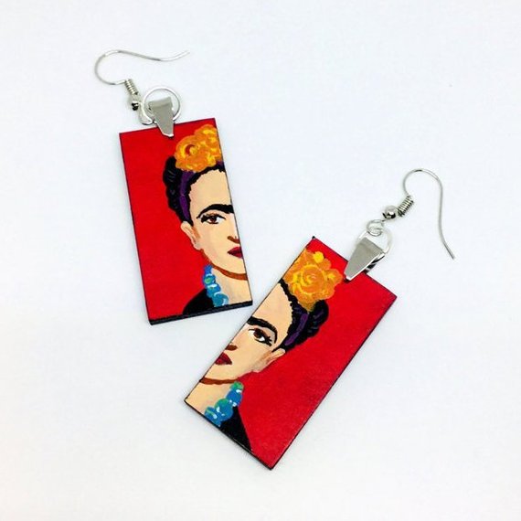 Frida Kahlo earrings hand painted red passion acrylic paint on wood rectangles. Mexican jewelry. Mexico folk art to wear. 