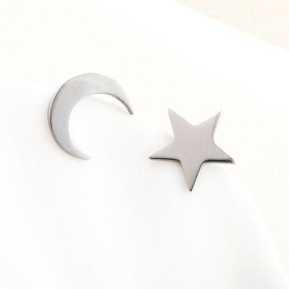 Moon/Star Silver Stud Earrings