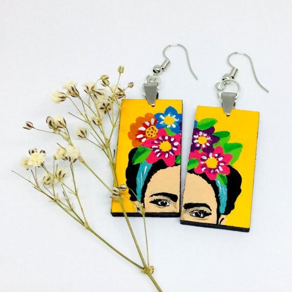 Yellow Frida Earrings Frida Inspired Earrings Hand Painted Wooden-Floral Earrings Women Earrings WearableArt MexicanJewelry Fridalovers Gift