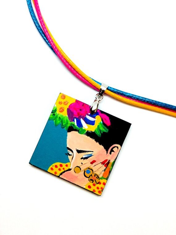 Turquoise Frida Pendant Hand Painted Wooden Frida Necklace Women Necklace Wearable Art Mexican Jewelry Fridalovers Gift Idea Frida Artwear