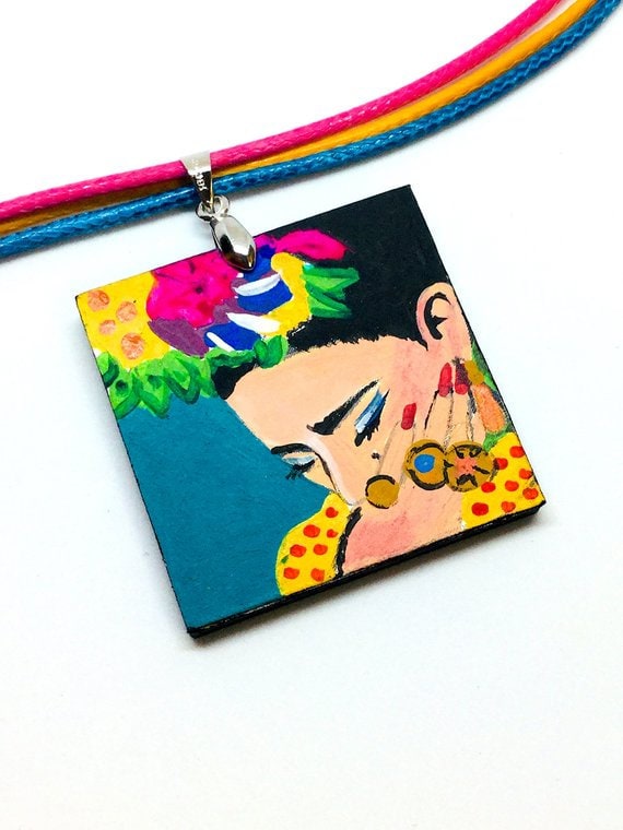 Turquoise Frida Pendant Hand Painted Wooden Frida Necklace Women Necklace Wearable Art Mexican Jewelry Fridalovers Gift Idea Frida Artwear