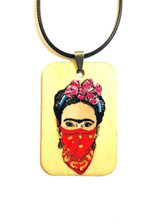 Feminist Frida Pendant Necklace Hand Painted Wooden Frida Necklace Wearable Art Women Frida Jewelry Artwear Mexican Jewelry Frida Art Gift