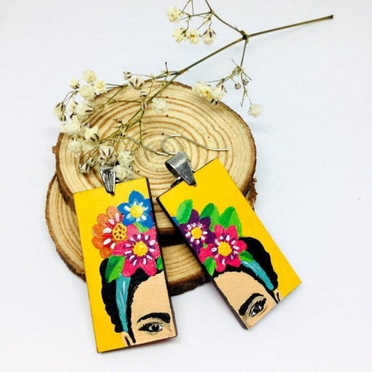 Yellow Frida Earrings Frida Inspired Earrings Hand Painted Wooden-Floral Earrings Women Earrings WearableArt MexicanJewelry Fridalovers Gift