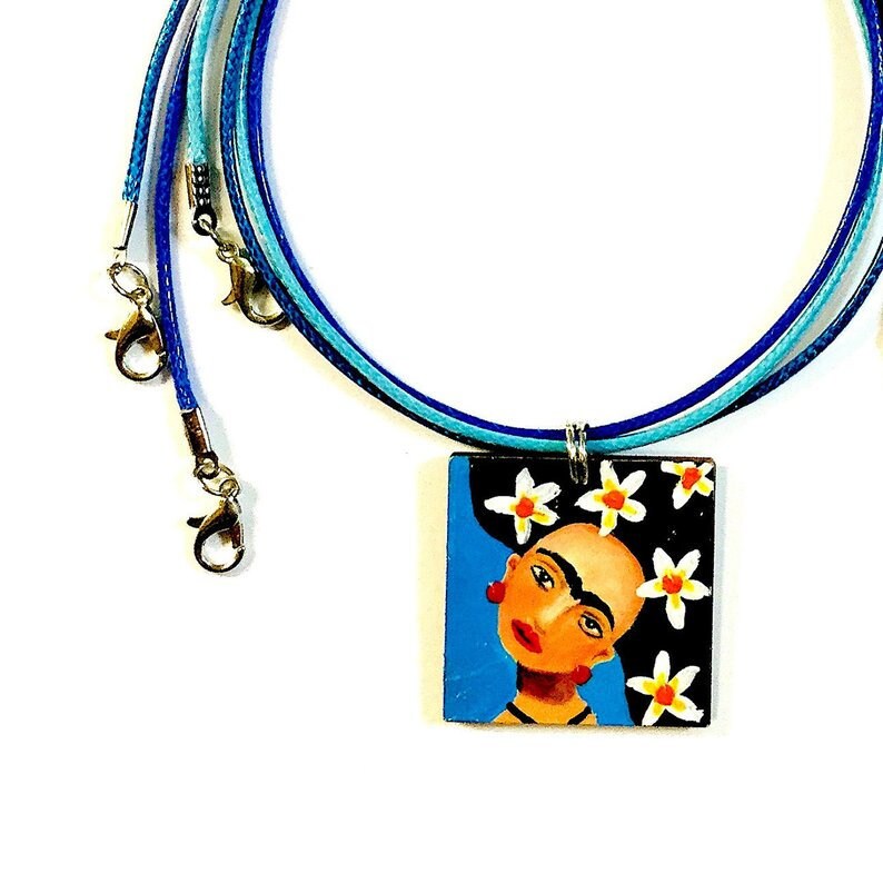 Blue Frida Pendant Hand Painted Wooden Floral Frida Necklace Wearable Art Women Pendant Art to Wear MexicanJewelry Fridalovers Gift Birthday