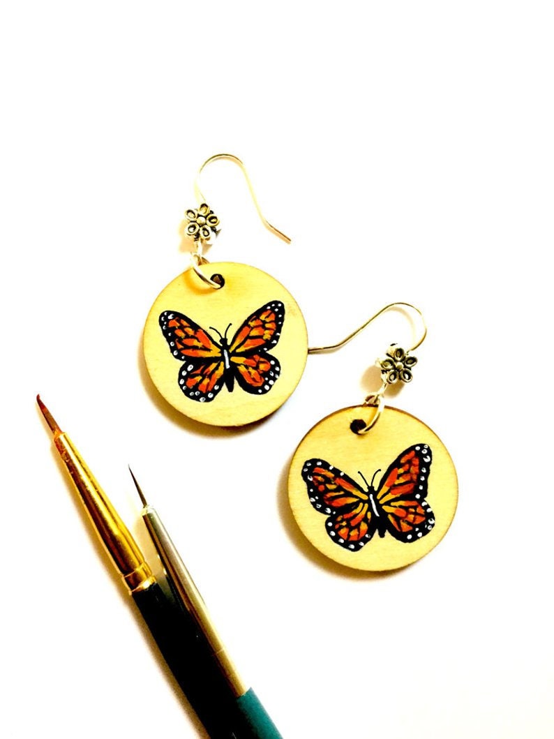 Butterfly Earrings Mexican Folk Art Jewelry HandPainted Wood Monarch Butterfly Earrings Women Dangle Earrings Aretes Mariposa Frida Inspired