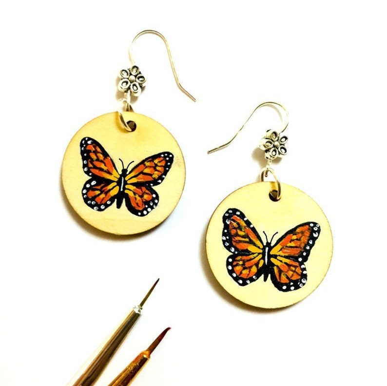 Butterfly Earrings Mexican Folk Art Jewelry HandPainted Wood Monarch Butterfly Earrings Women Dangle Earrings Aretes Mariposa Frida Inspired