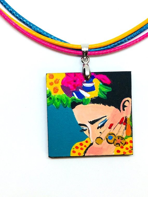 Turquoise Frida Pendant Hand Painted Wooden Frida Necklace Women Necklace Wearable Art Mexican Jewelry Fridalovers Gift Idea Frida Artwear