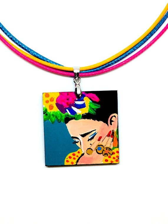 Turquoise Frida Pendant Hand Painted Wooden Frida Necklace Women Necklace Wearable Art Mexican Jewelry Fridalovers Gift Idea Frida Artwear