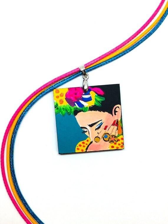 Turquoise Frida Pendant Hand Painted Wooden Frida Necklace Women Necklace Wearable Art Mexican Jewelry Fridalovers Gift Idea Frida Artwear