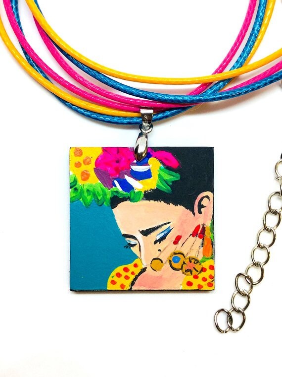 Turquoise Frida Pendant Hand Painted Wooden Frida Necklace Women Necklace Wearable Art Mexican Jewelry Fridalovers Gift Idea Frida Artwear