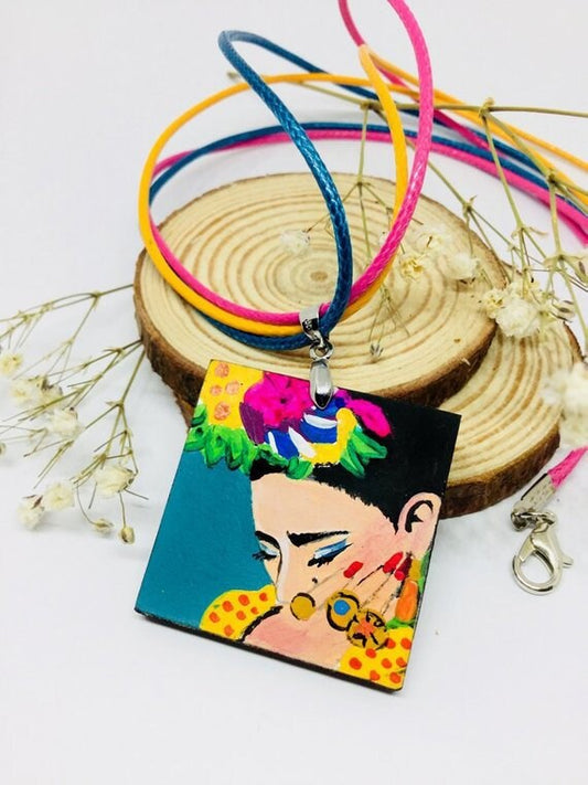 Turquoise Frida Pendant Hand Painted Wooden Frida Necklace Women Necklace Wearable Art Mexican Jewelry Fridalovers Gift Idea Frida Artwear
