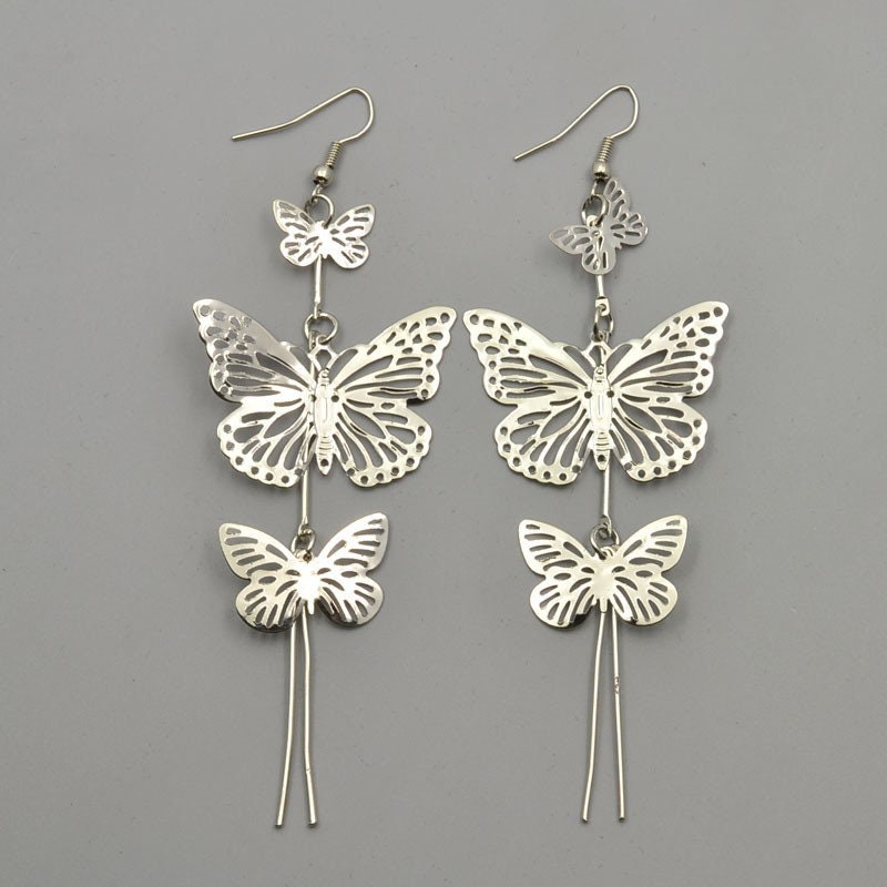 Silver Butterfly Earrings Long Tassel Hollow Butterfly Earrings Artisan Mexican Jewelry Mariposa Aretes Mexican Silver Jewelry Drop Earrings