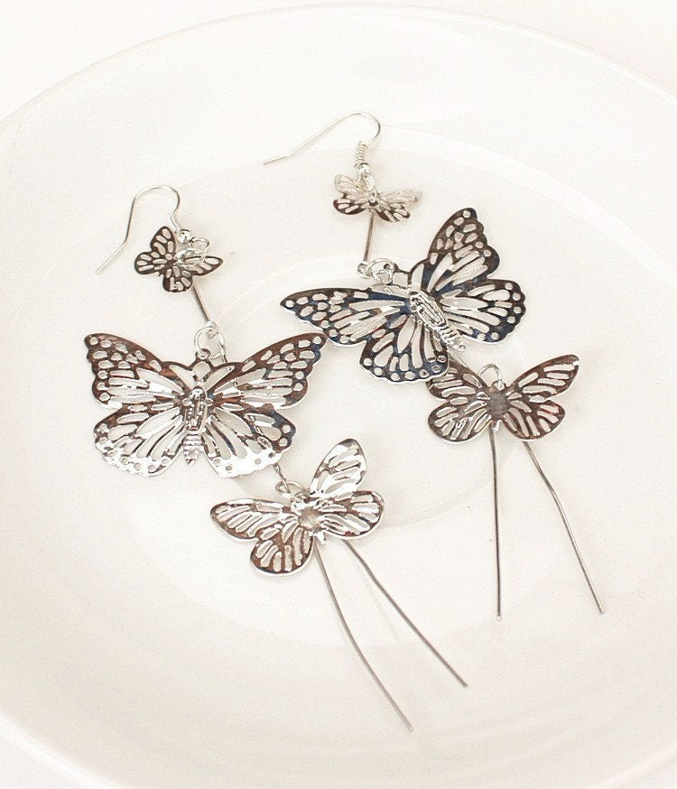 Silver Butterfly Earrings Long Tassel Hollow Butterfly Earrings Artisan Mexican Jewelry Mariposa Aretes Mexican Silver Jewelry Drop Earrings