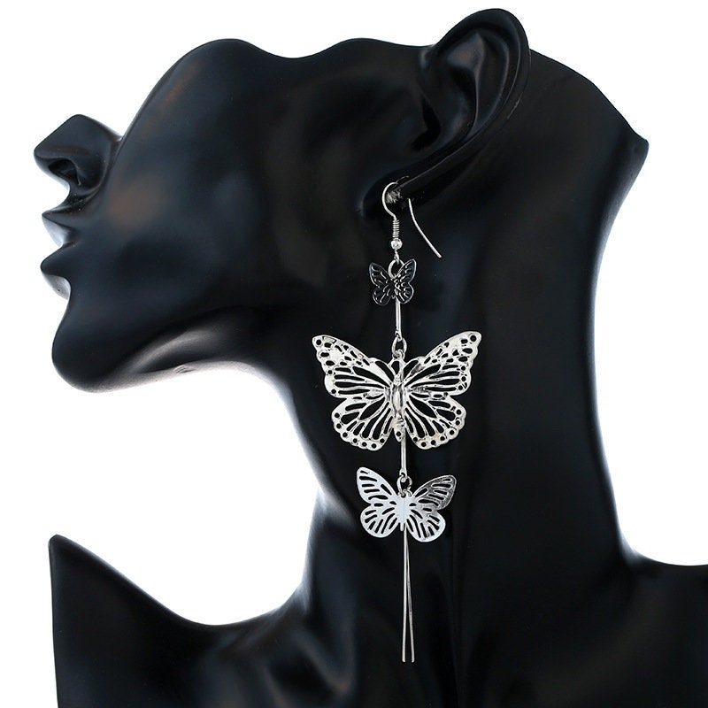 Silver Butterfly Earrings Long Tassel Hollow Butterfly Earrings Artisan Mexican Jewelry Mariposa Aretes Mexican Silver Jewelry Drop Earrings