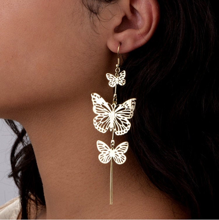 Silver Butterfly Earrings Long Tassel Hollow Butterfly Earrings Artisan Mexican Jewelry Mariposa Aretes Mexican Silver Jewelry Drop Earrings