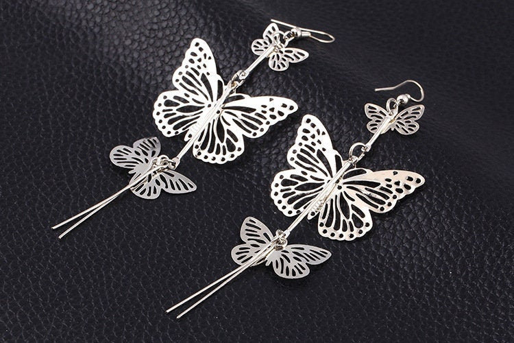 Silver Butterfly Earrings Long Tassel Hollow Butterfly Earrings Artisan Mexican Jewelry Mariposa Aretes Mexican Silver Jewelry Drop Earrings