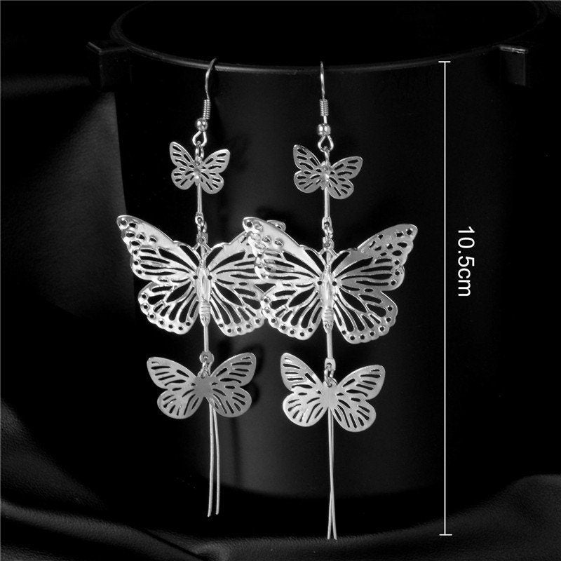 Silver Butterfly Earrings Long Tassel Hollow Butterfly Earrings Artisan Mexican Jewelry Mariposa Aretes Mexican Silver Jewelry Drop Earrings