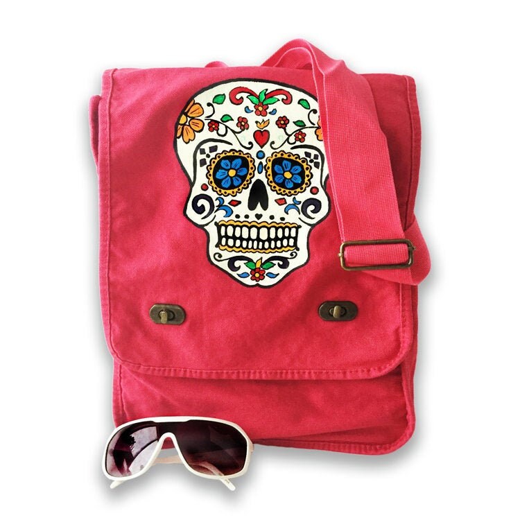 Sugar skull Hand Painted Bag, Crossbody Bag, Mexican Art, Sugar Skull Shoulder Bag, Wearable Art, Day of the Dead Art, Dia de Muertos Arte