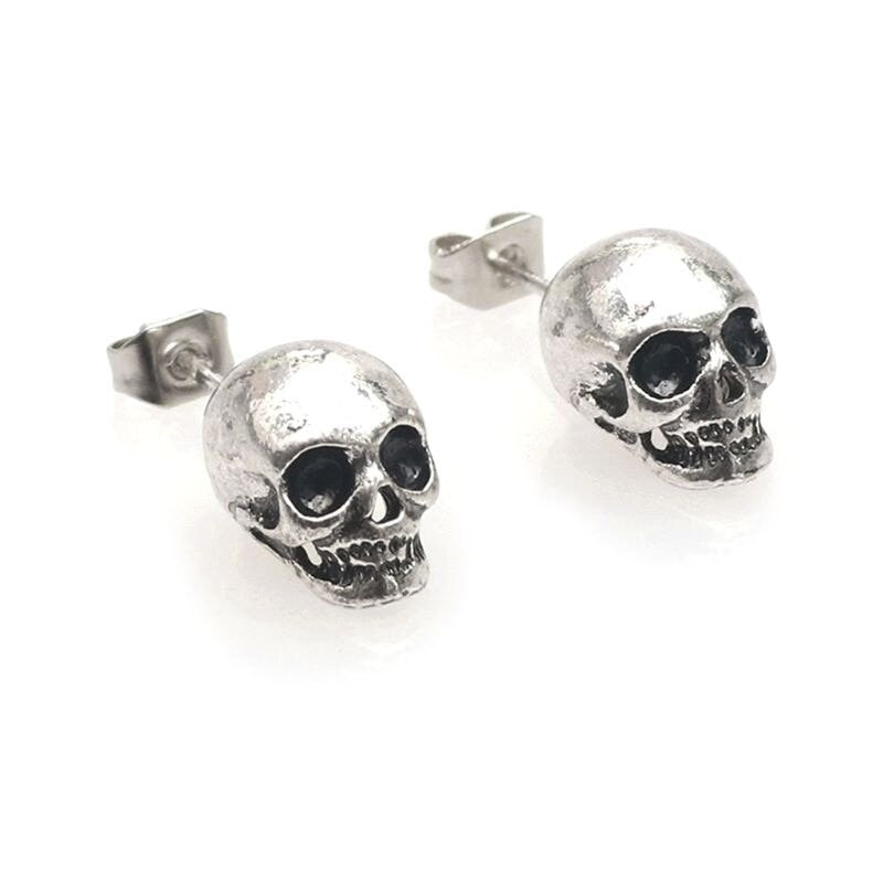 Rustic Silver Skull Stud Earrings for Women and Men Casual Outfit Rock Punk Tattoo Fashion Style Halloween Day of the Dead Gift Idea Unisex