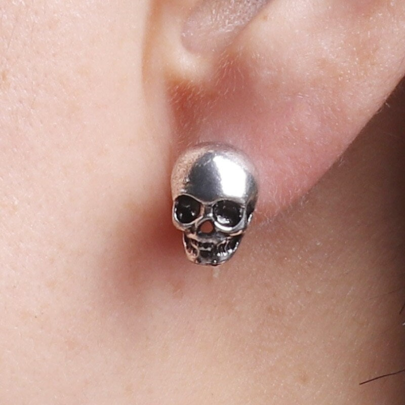 Rustic Silver Skull Stud Earrings for Women and Men Casual Outfit Rock Punk Tattoo Fashion Style Halloween Day of the Dead Gift Idea Unisex