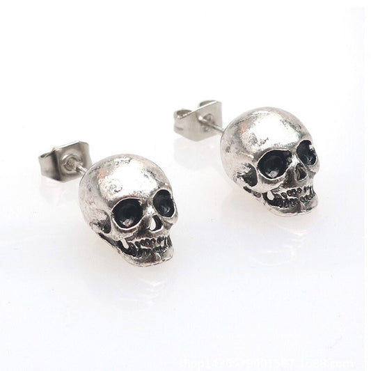 Rustic Silver Skull Stud Earrings for Women and Men Casual Outfit Rock Punk Tattoo Fashion Style Halloween Day of the Dead Gift Idea Unisex