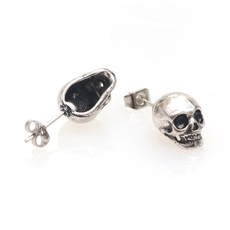 Rustic Silver Skull Stud Earrings for Women and Men Casual Outfit Rock Punk Tattoo Fashion Style Halloween Day of the Dead Gift Idea Unisex