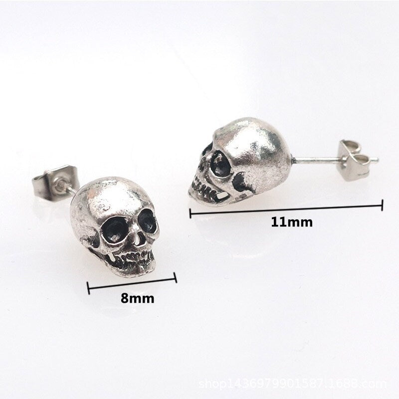 Antique Silver Stud Skull Earrings for Women and Men Dark Gothic Fashion Style Halloween Day of the Dead Original Gift Calavera Aretes Mujer