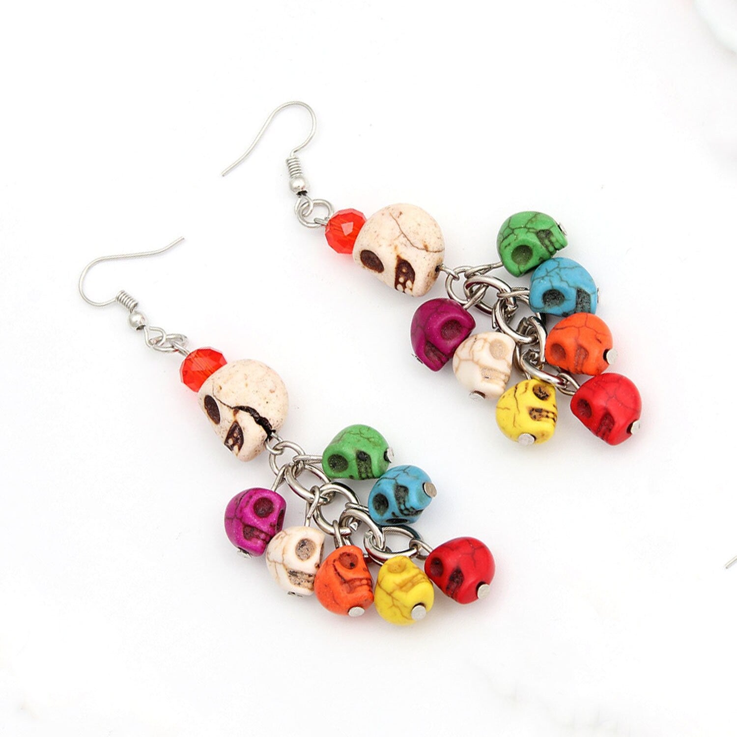 Colorful Skull Beads Earrings, Bead Jewelry, Skull Earrings, Women Skull Dangle Earrings, Calavera Aretes, Calaca, Ethnic Jewelry, Halloween