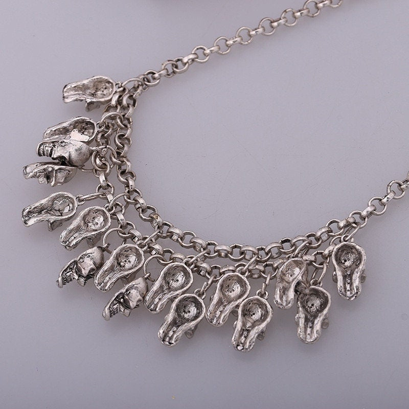 Skull Necklace, Skeleton Statement Vintage Necklace, Calaveras Collar, Day of the Dead, Skull Jewelry, Silver Necklace, Mexican Jewelry