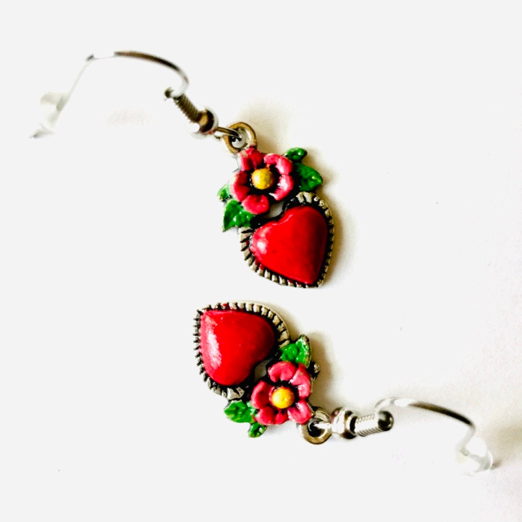 Frida Earrings, Heart Earrings, Hand Painted Heart Earrings, Silver HandPainted Heart Earrings, Mexican Jewelry, Corazon Aretes, Heart Charm