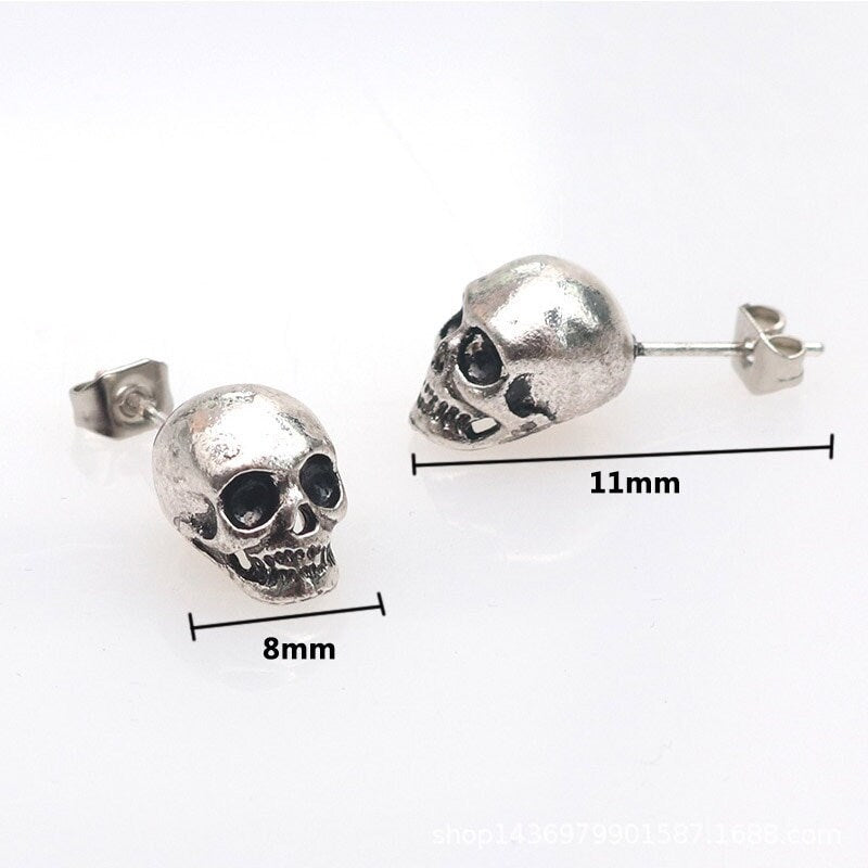 Rustic Silver Skull Stud Earrings for Women and Men Casual Outfit Rock Punk Tattoo Fashion Style Halloween Day of the Dead Gift Idea Unisex