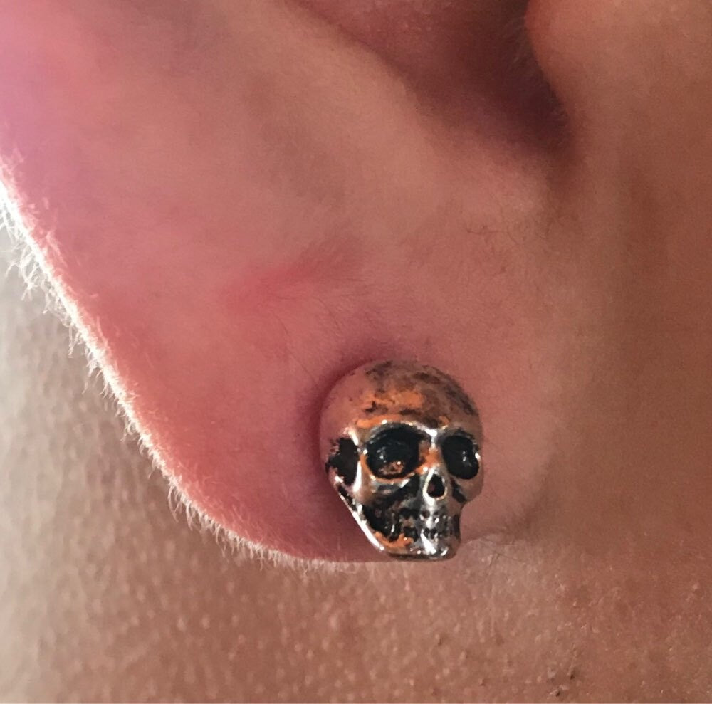 Rustic Silver Skull Stud Earrings for Women and Men Casual Outfit Rock Punk Tattoo Fashion Style Halloween Day of the Dead Gift Idea Unisex