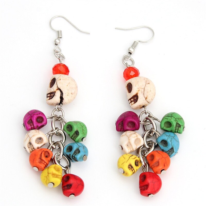 Colorful Skull Beads Earrings, Bead Jewelry, Skull Earrings, Women Skull Dangle Earrings, Calavera Aretes, Calaca, Ethnic Jewelry, Halloween