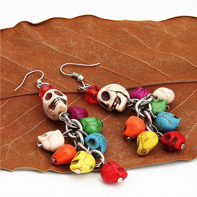 Colorful Skull Beads Earrings, Bead Jewelry, Skull Earrings, Women Skull Dangle Earrings, Calavera Aretes, Calaca, Ethnic Jewelry, Halloween