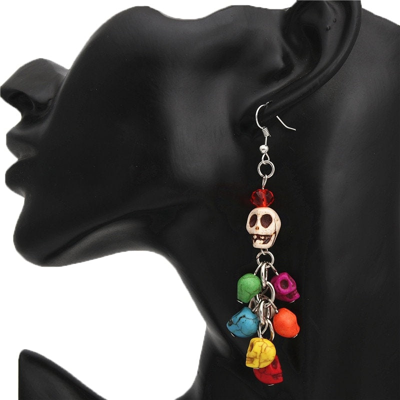 Colorful Skull Beads Earrings, Bead Jewelry, Skull Earrings, Women Skull Dangle Earrings, Calavera Aretes, Calaca, Ethnic Jewelry, Halloween