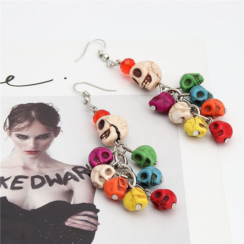 Colorful Skull Beads Earrings, Bead Jewelry, Skull Earrings, Women Skull Dangle Earrings, Calavera Aretes, Calaca, Ethnic Jewelry, Halloween