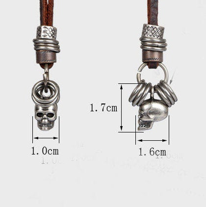 Leather Skull Pendant Necklace Men Jewelry Cool Gift Idea for Him Titanium Gray Metallic Silver Tone Skull Charm and Rings Skeleton Calavera