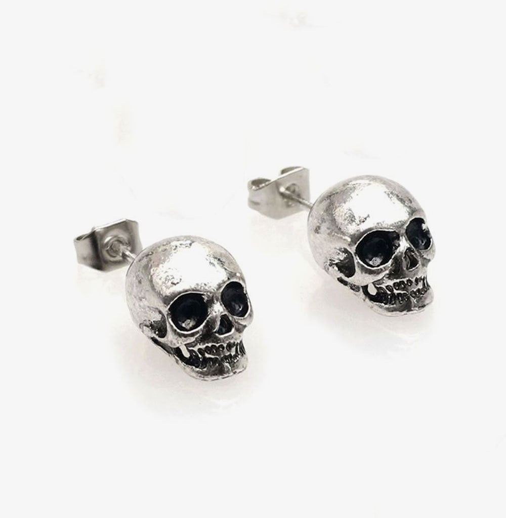 Unisex Skull Earrings Punk - Tattoos Fashion Rock & Roll Metallic Stud Antique Rustic Silver or Black Skull Head Earrings for Women and Men