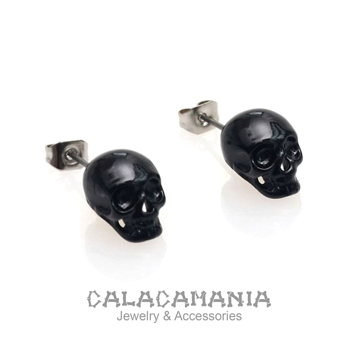 Unisex Skull Earrings Punk - Tattoos Fashion Rock & Roll Metallic Stud Antique Rustic Silver or Black Skull Head Earrings for Women and Men