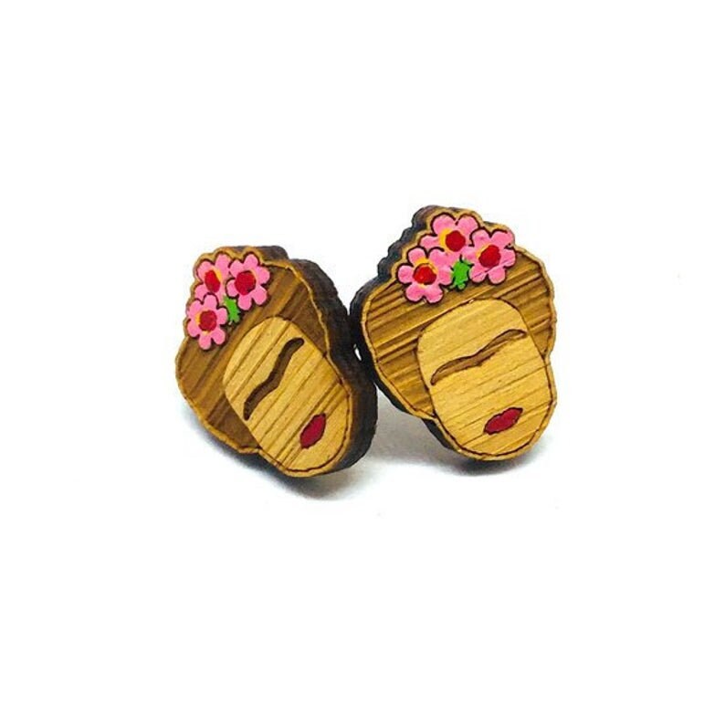 Floral Pink Bamboo Frida Earrings Hand Painted Frida Earrings Girl Stud Earrings Wooden Earrings Artwear Mexican Jewelry Pink Frida Earrings