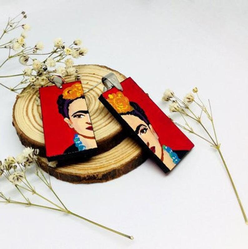 Eye-Catching Red Frida Earrings Mexican Jewelry Inspired for Women Hand Painted Wooden Drop Dangle Earrings Fridalovers Mexico Wearable Art