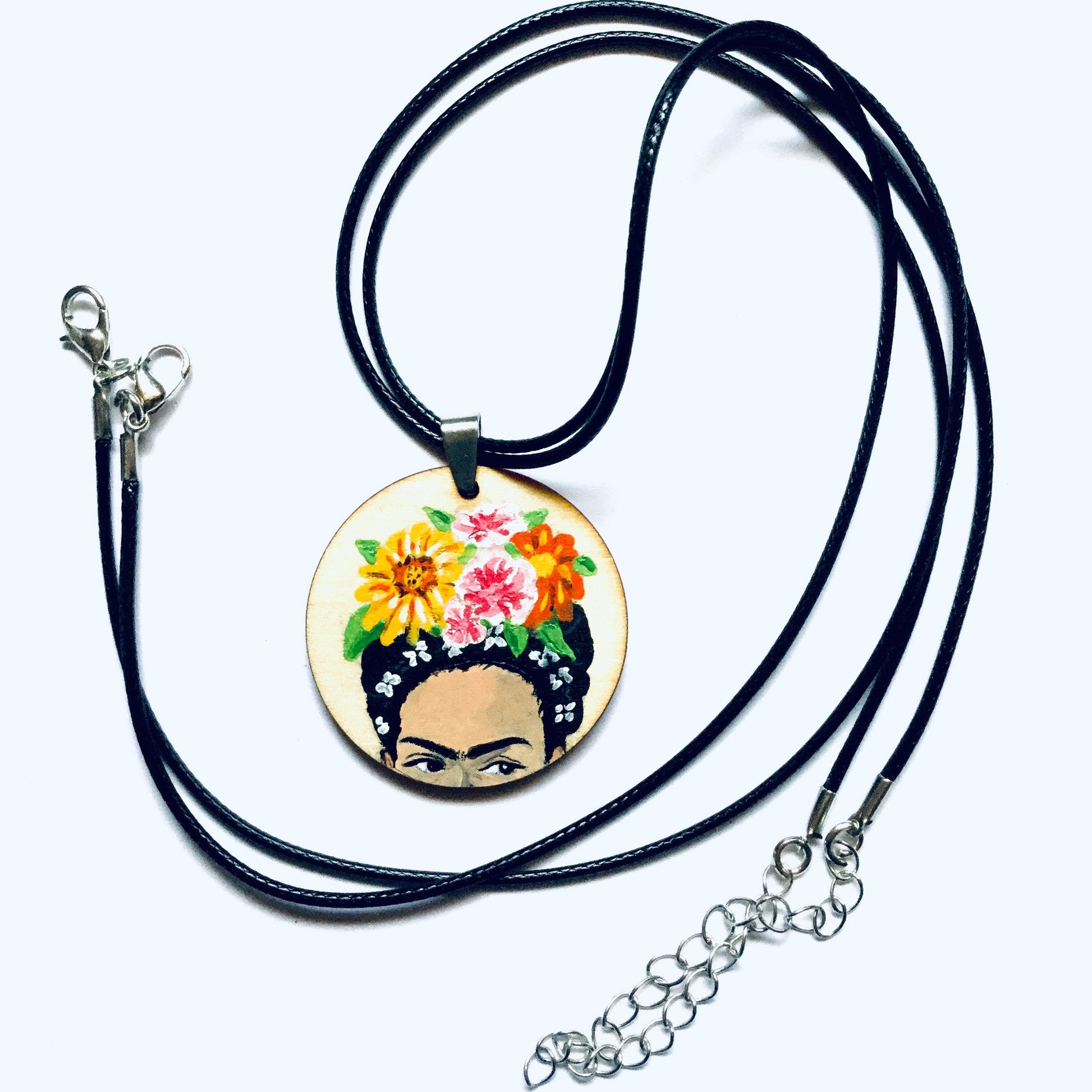 Floral Frida Pendant Necklace Hand Painted Wooden Floral Pendant Mexican Jewelry Girl Pendant Frida Artwear Wearable Art Frida Inspired Art