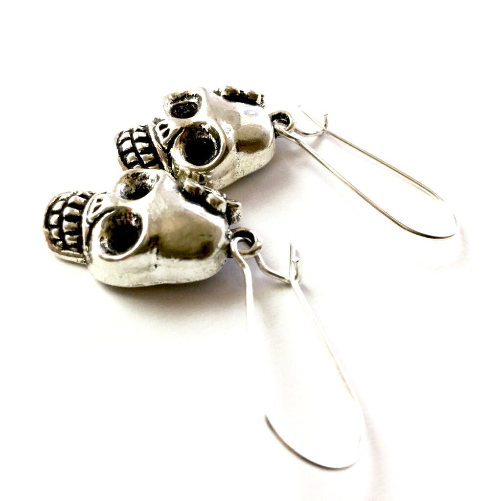 Silver Skull Earrings, Skeleton Earrings, Flowered Skull Earrings, Mexican Jewelry Skull with Flower Earrings, Women Earrings, Girl Earrings