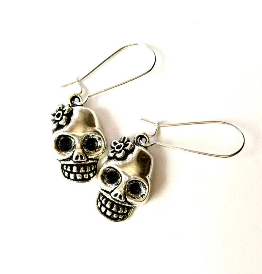 Silver Skull Earrings, Skeleton Earrings, Flowered Skull Earrings, Mexican Jewelry Skull with Flower Earrings, Women Earrings, Girl Earrings