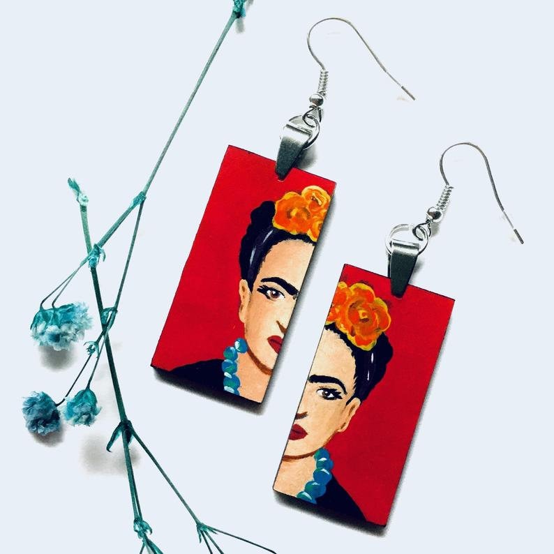 Red Hand Painted Frida Earrings Women Frida Inspired Dangle Drop Earrings Mexican Jewelry Artwear Wearable Art Mujer Aretes Fridalovers Gift