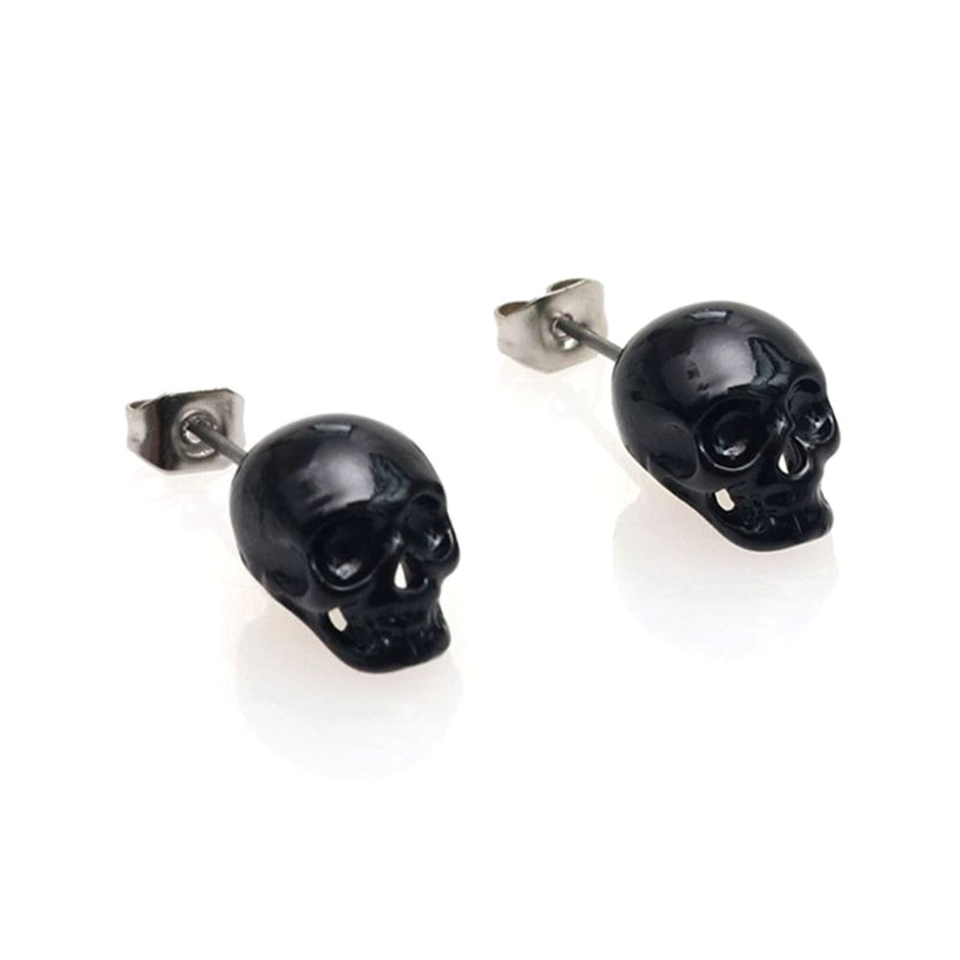 Unisex Skull Earrings Punk - Tattoos Fashion Rock & Roll Metallic Stud Antique Rustic Silver or Black Skull Head Earrings for Women and Men