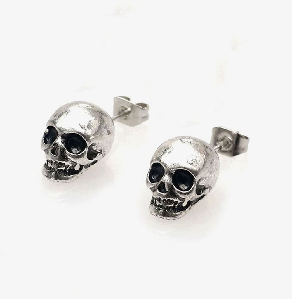 Unisex Skull Earrings Punk - Tattoos Fashion Rock & Roll Metallic Stud Antique Rustic Silver or Black Skull Head Earrings for Women and Men