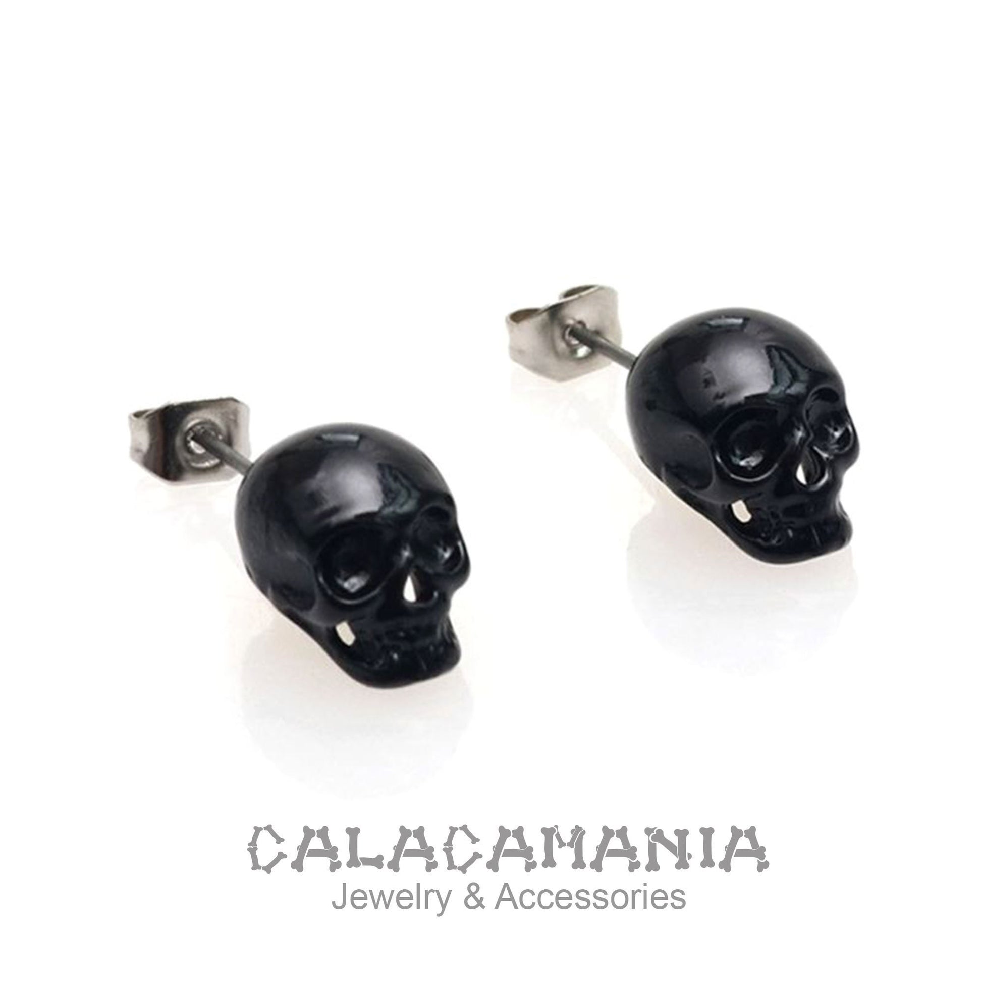 Unisex Black Skull Earrings Skeleton Jewelry Stud Metallic Punk Tattoos Wear Dark Gothic Accessories Calavera Negra Aretes Calacamania