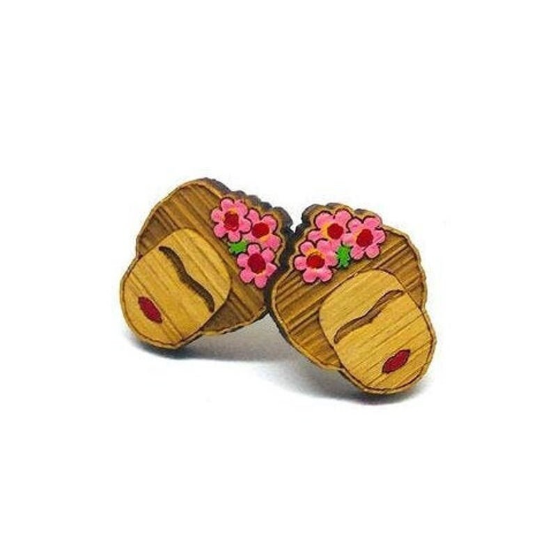 Floral Pink Bamboo Frida Earrings Hand Painted Frida Earrings Girl Stud Earrings Wooden Earrings Artwear Mexican Jewelry Pink Frida Earrings
